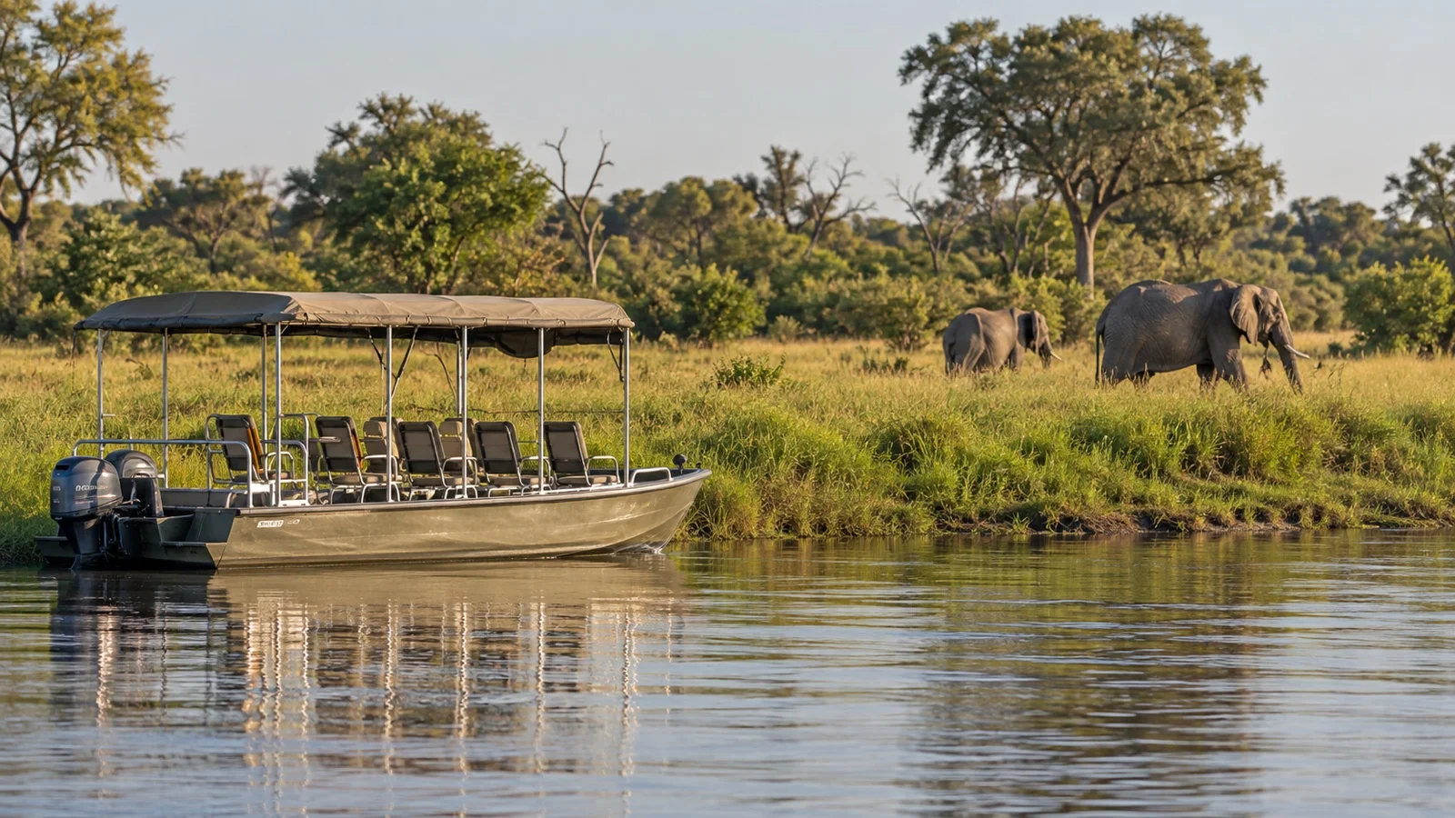 Empty small safari boat on Chobe River