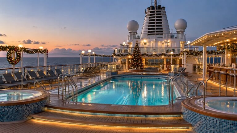 Empty cruise ship pool deck decorated for Christmas with winter holiday lights