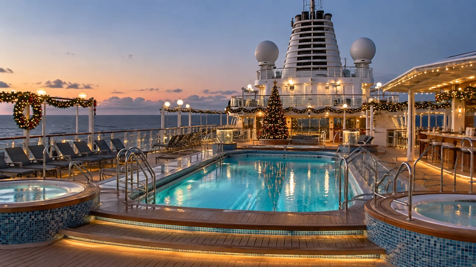 Empty cruise ship pool deck decorated for Christmas with winter holiday lights