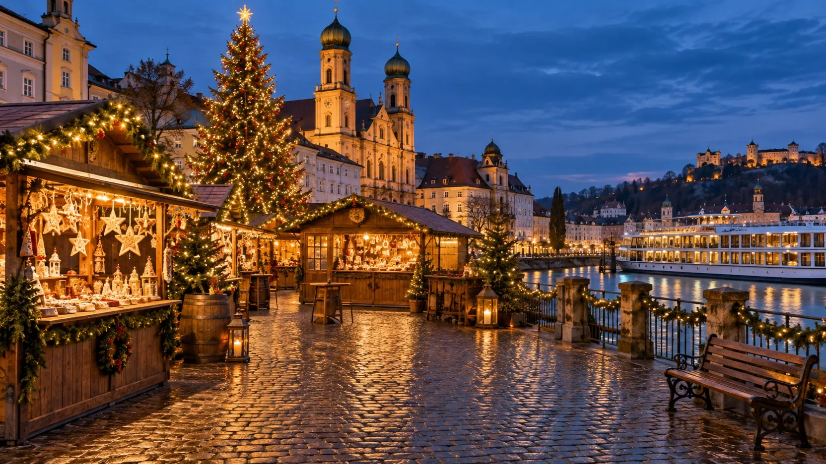 Illuminated Christmas market beside a European river cruise ship