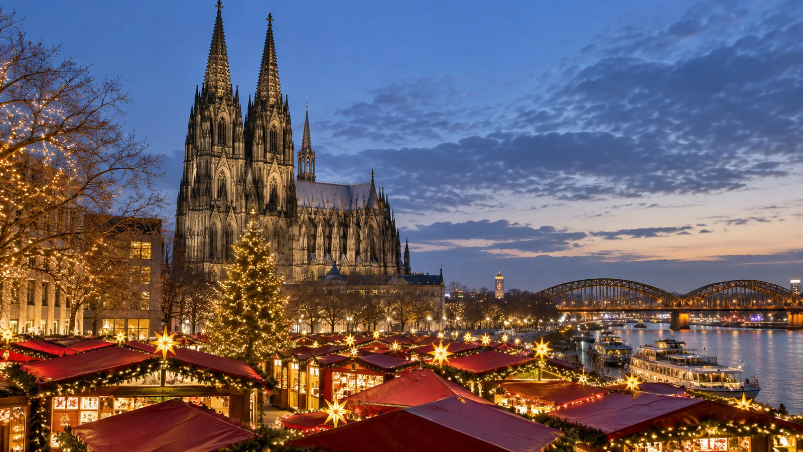 Cologne Christmas market lights beneath the cathedral without people