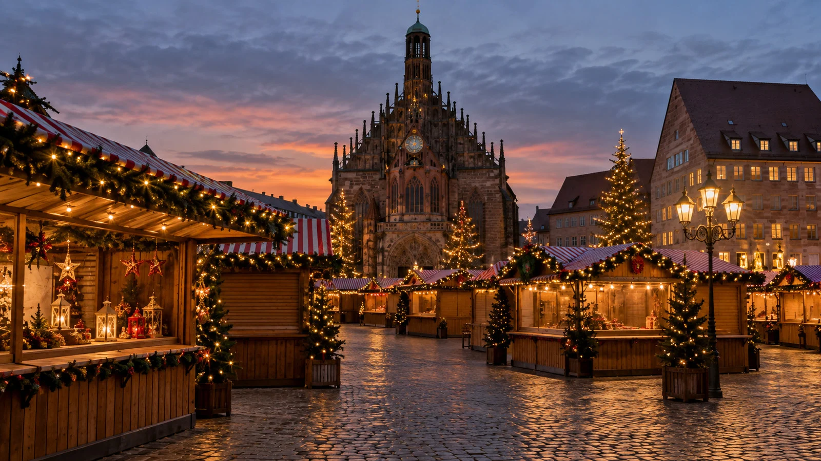 Empty Christmas market stalls glowing at dusk in Nuremberg