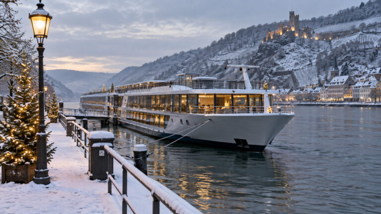 River cruise ship moored at a snowy Rhine quay in December