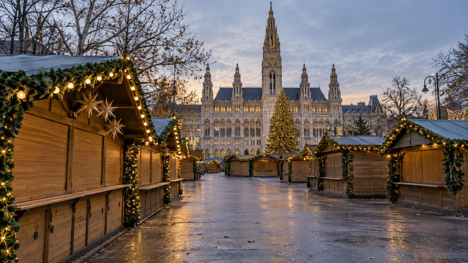 Vienna Christmas market booths before opening with Rathaus behind