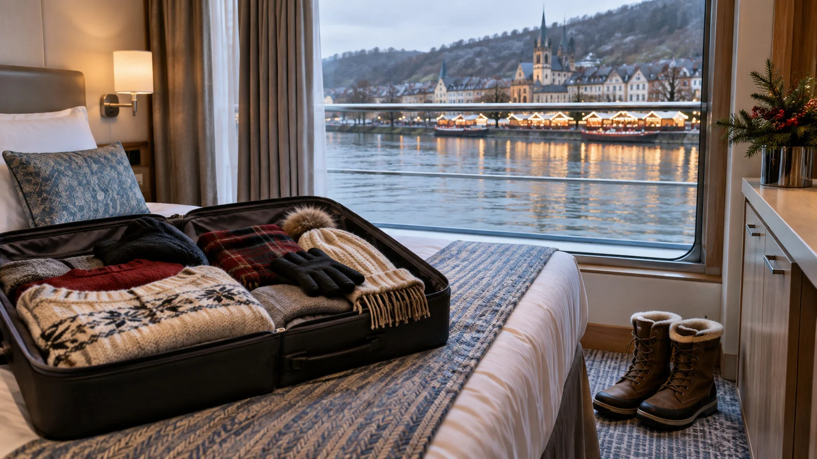 Warm winter clothing and boots packed in a river cruise cabin