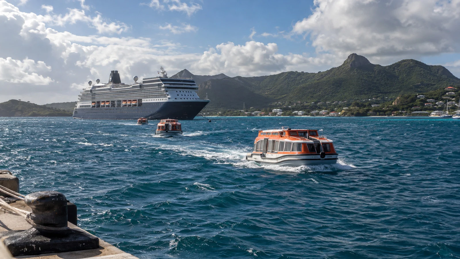 Cruise ship anchored off a Caribbean island with tender boats in winter wind