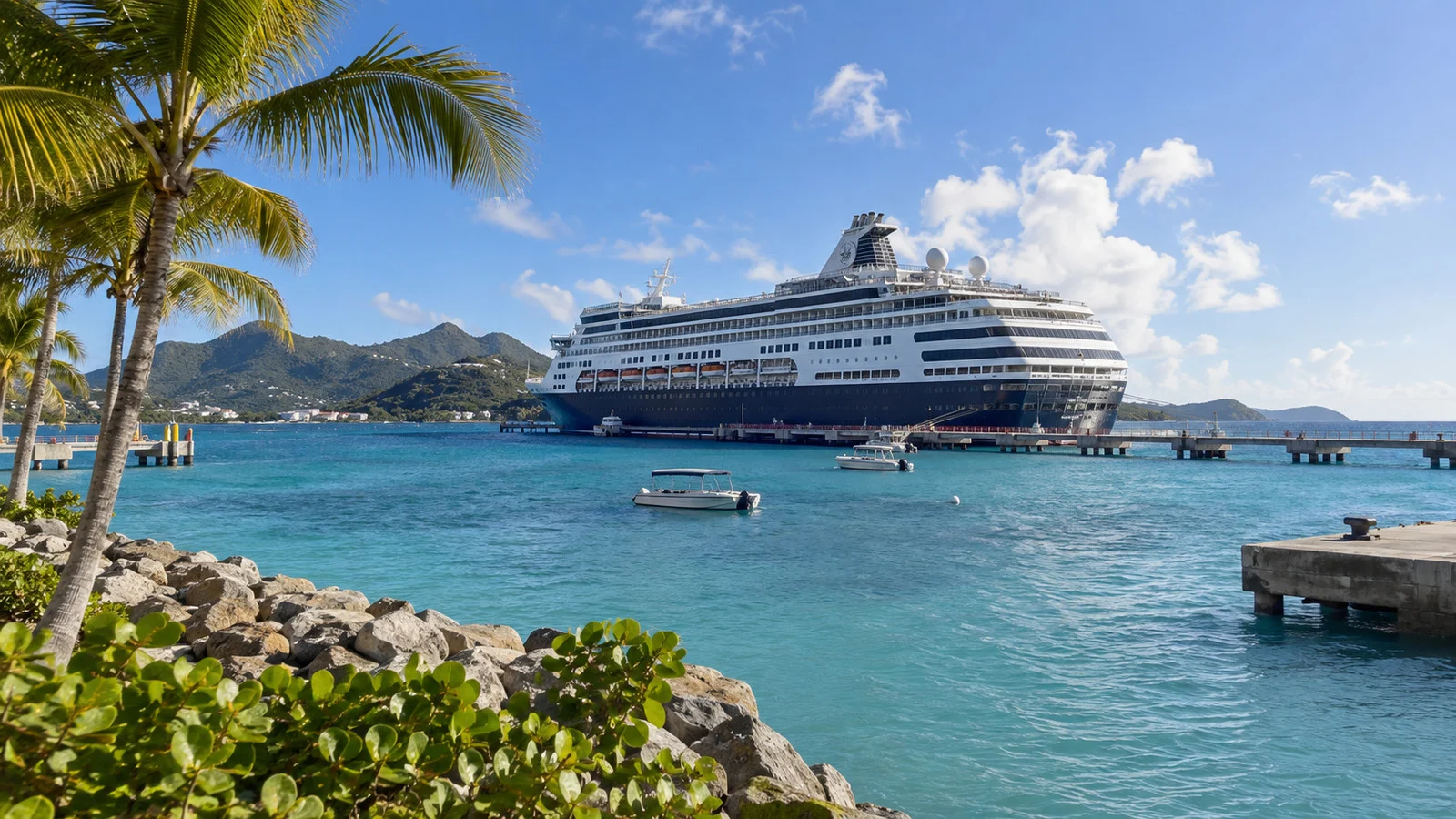 Cruise ship docked at an alternate Caribbean port under winter sun