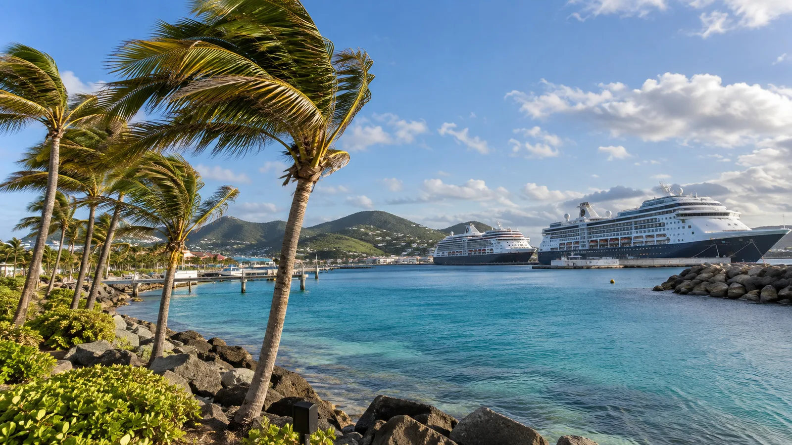 Palm trees bent by trade winds beside a sheltered cruise harbor