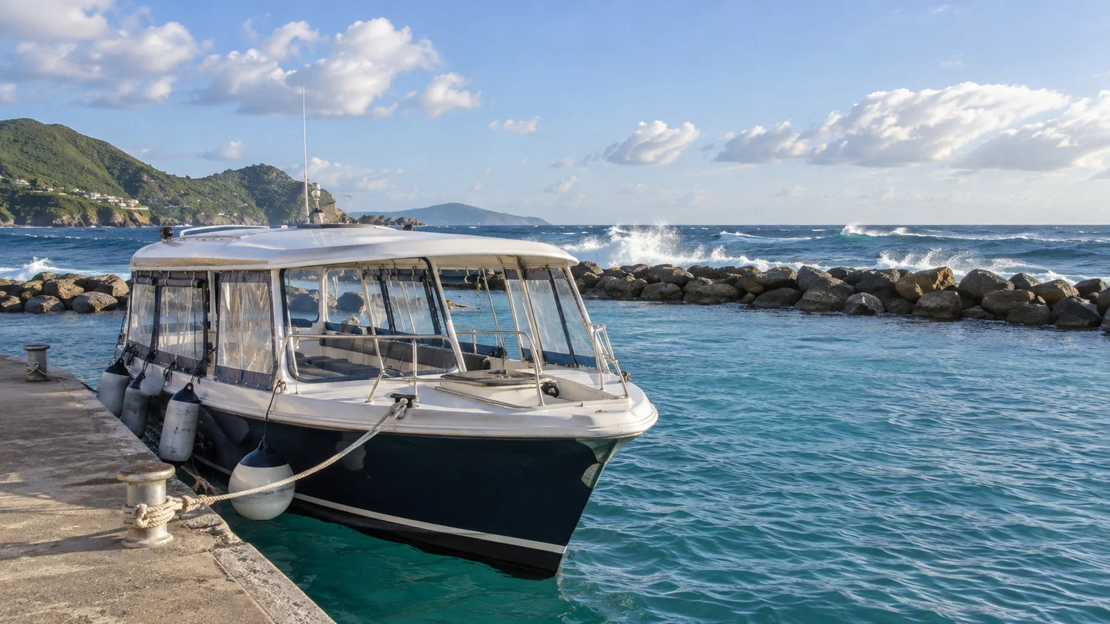Tender boat tied up as swells roll beyond a Caribbean breakwater