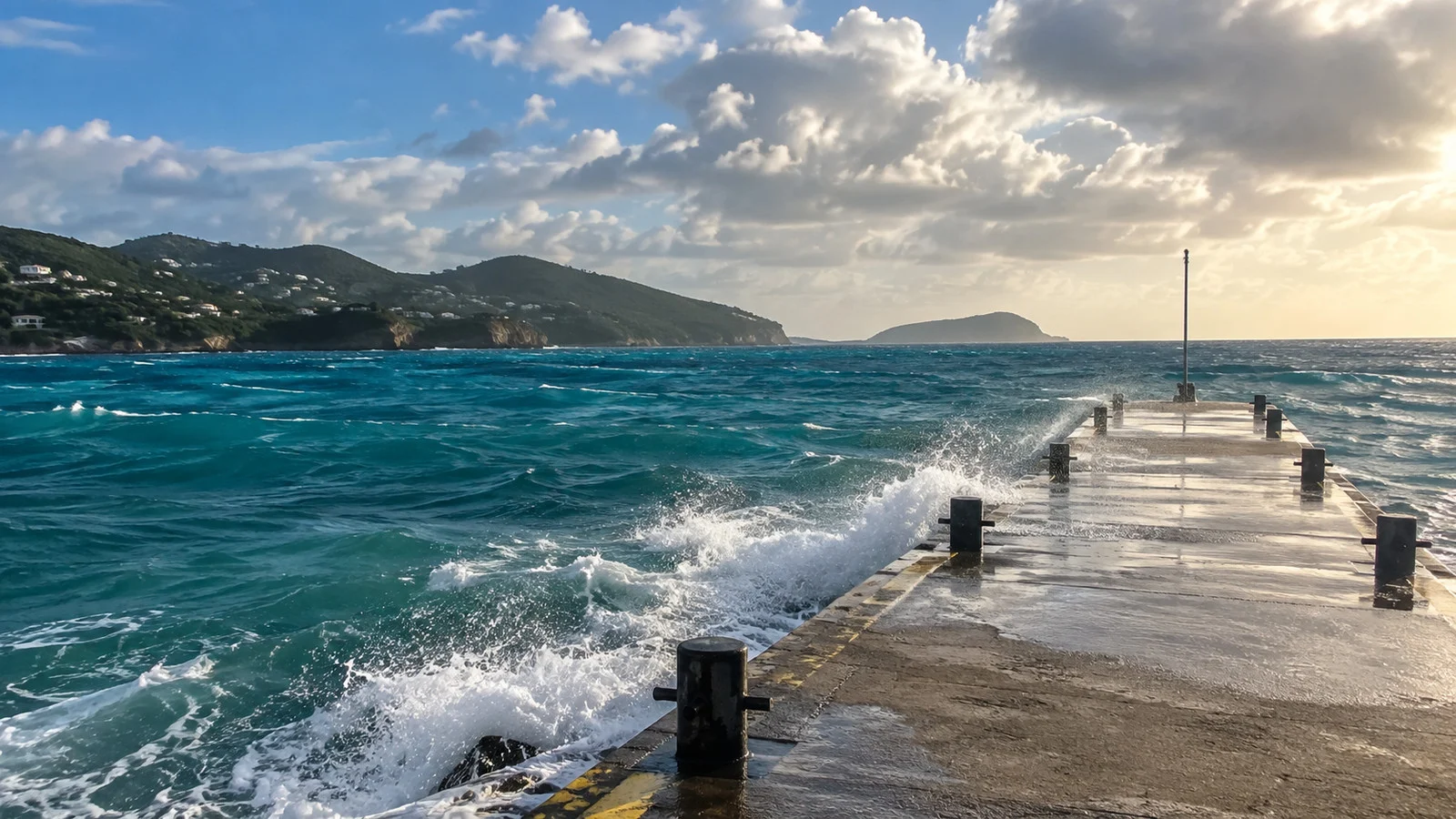 Wind-driven swell breaking against an empty Caribbean tender pier