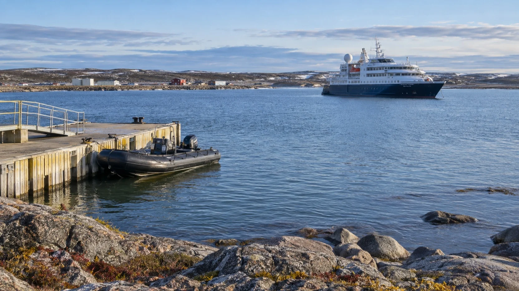 Expedition ship and tender near Churchill's Hudson Bay landing