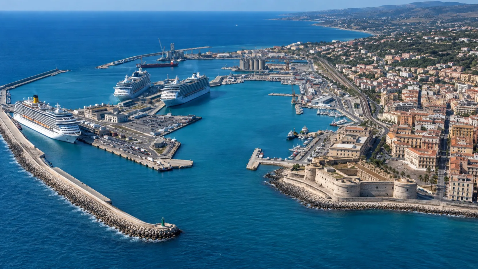 Aerial view of Civitavecchia cruise port and town