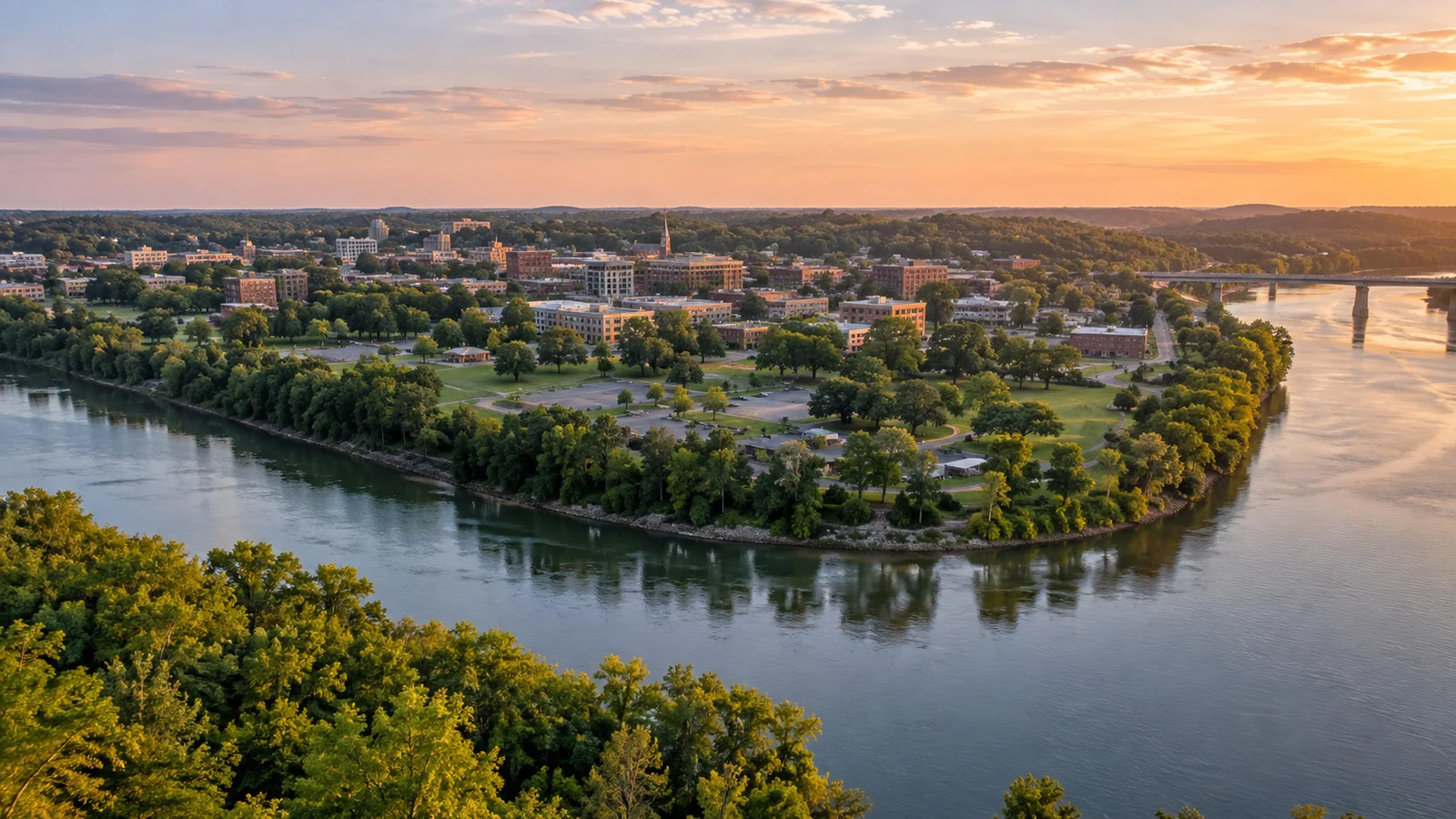 Aerial landscape view of Clarksville wrapped by the Cumberland River