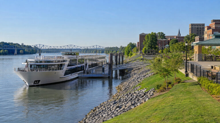 Modern river cruise boat moored at the Clarksville Tennessee riverfront