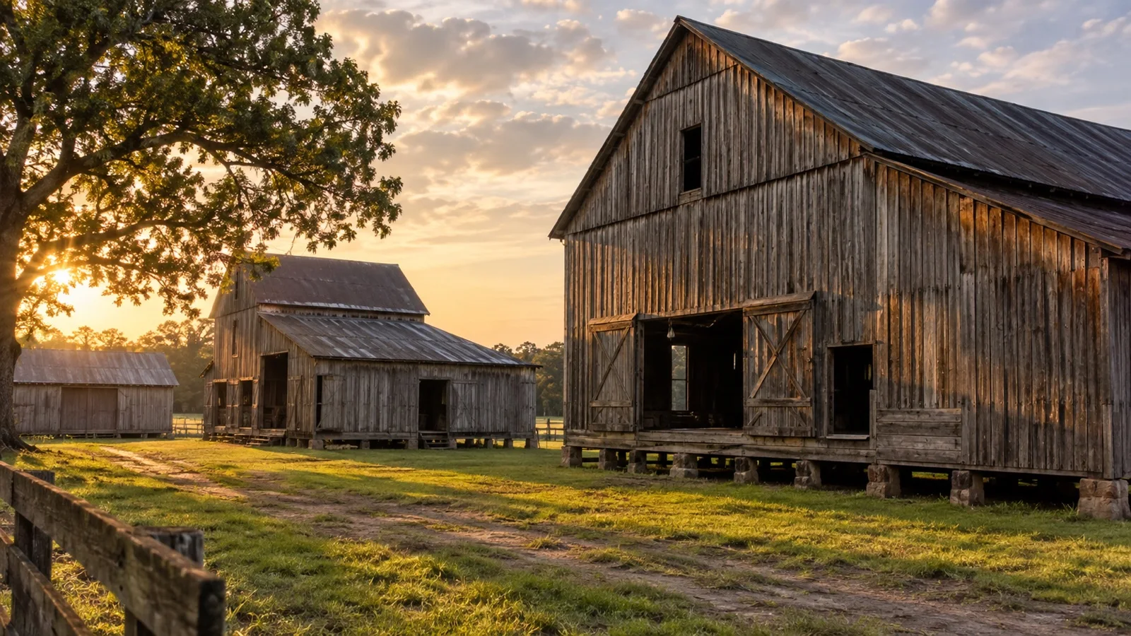 Historic wooden barns and farm buildings at Dockery Farms in the Mississippi Delta