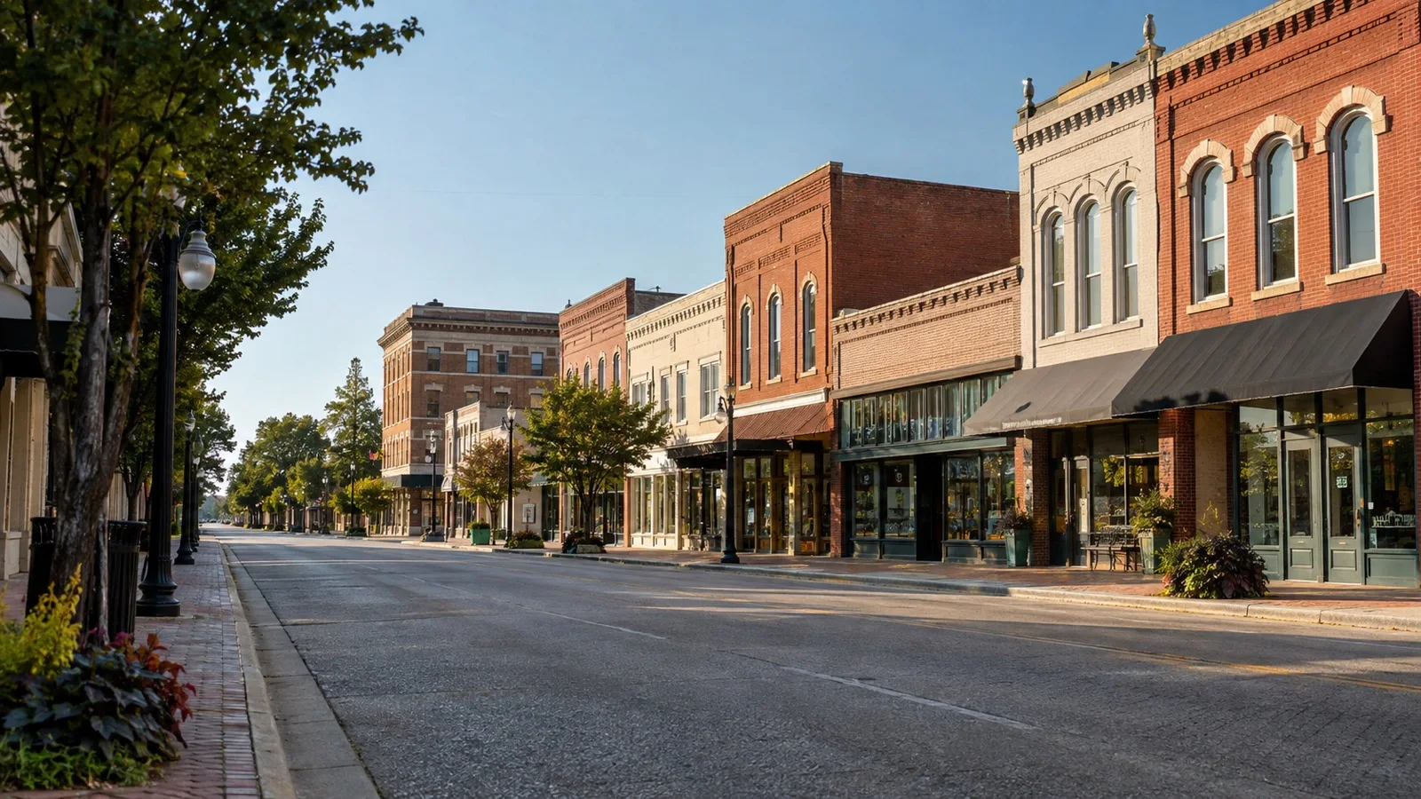 Empty downtown Cleveland, Mississippi street with traditional brick storefronts