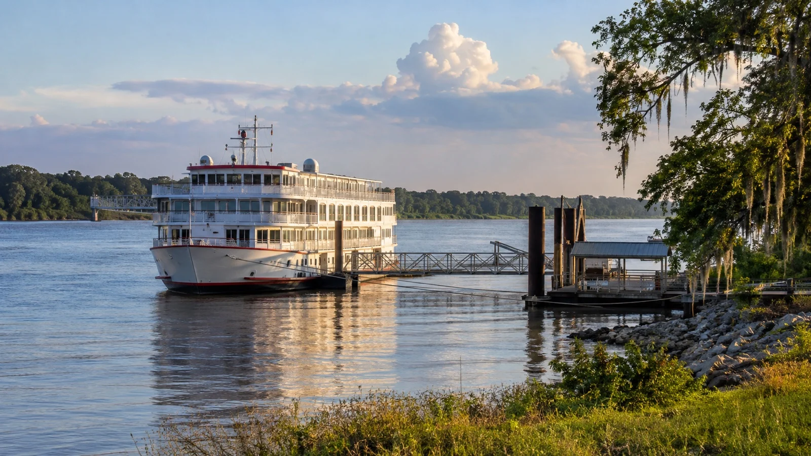 Small Mississippi river cruise ship at a simple landing in the Mississippi Delta