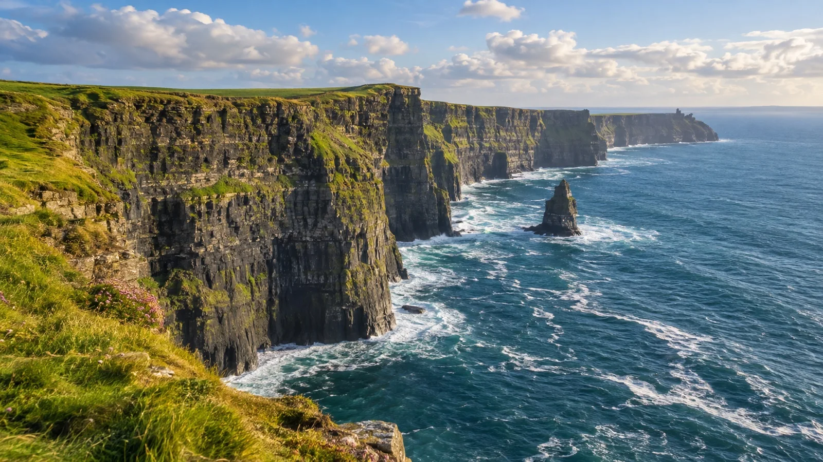 Cliffs of Moher rising above Atlantic waves in County Clare
