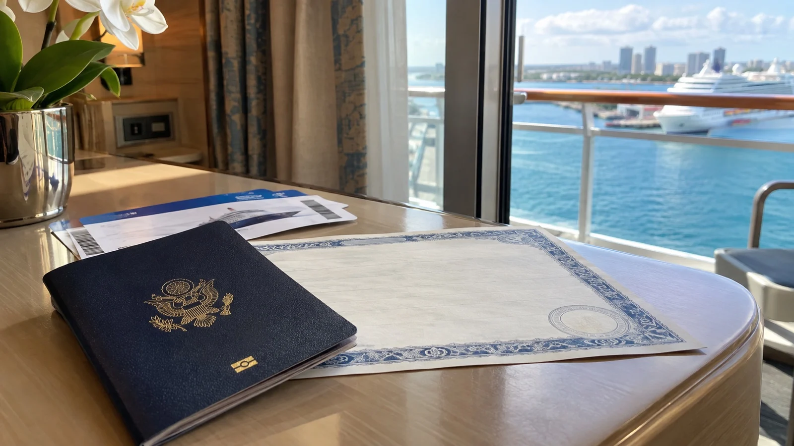 US passport and blank birth certificate beside cruise boarding cards on cabin table, no readable text
