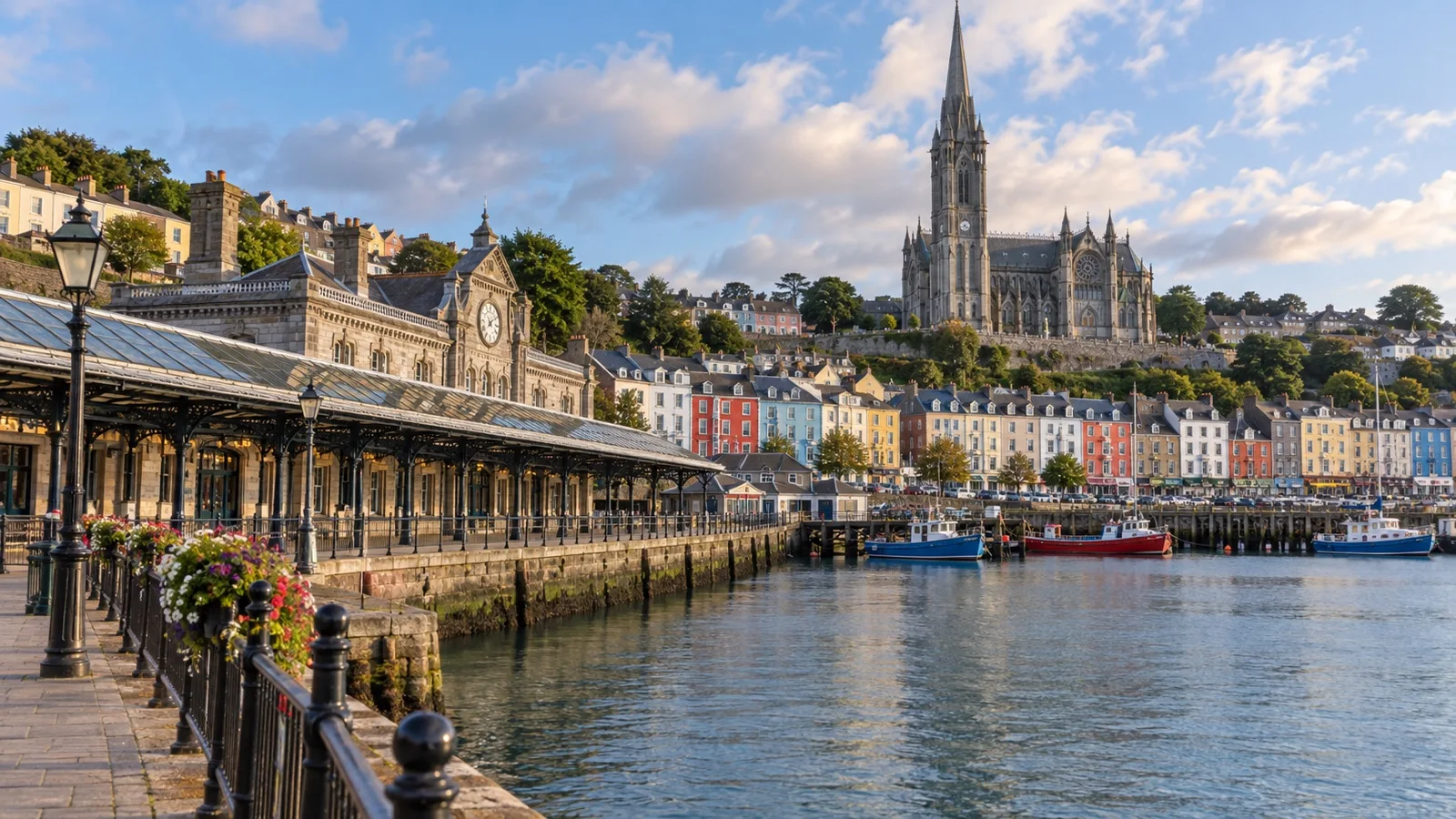 Cobh waterfront and railway station beside the harbor