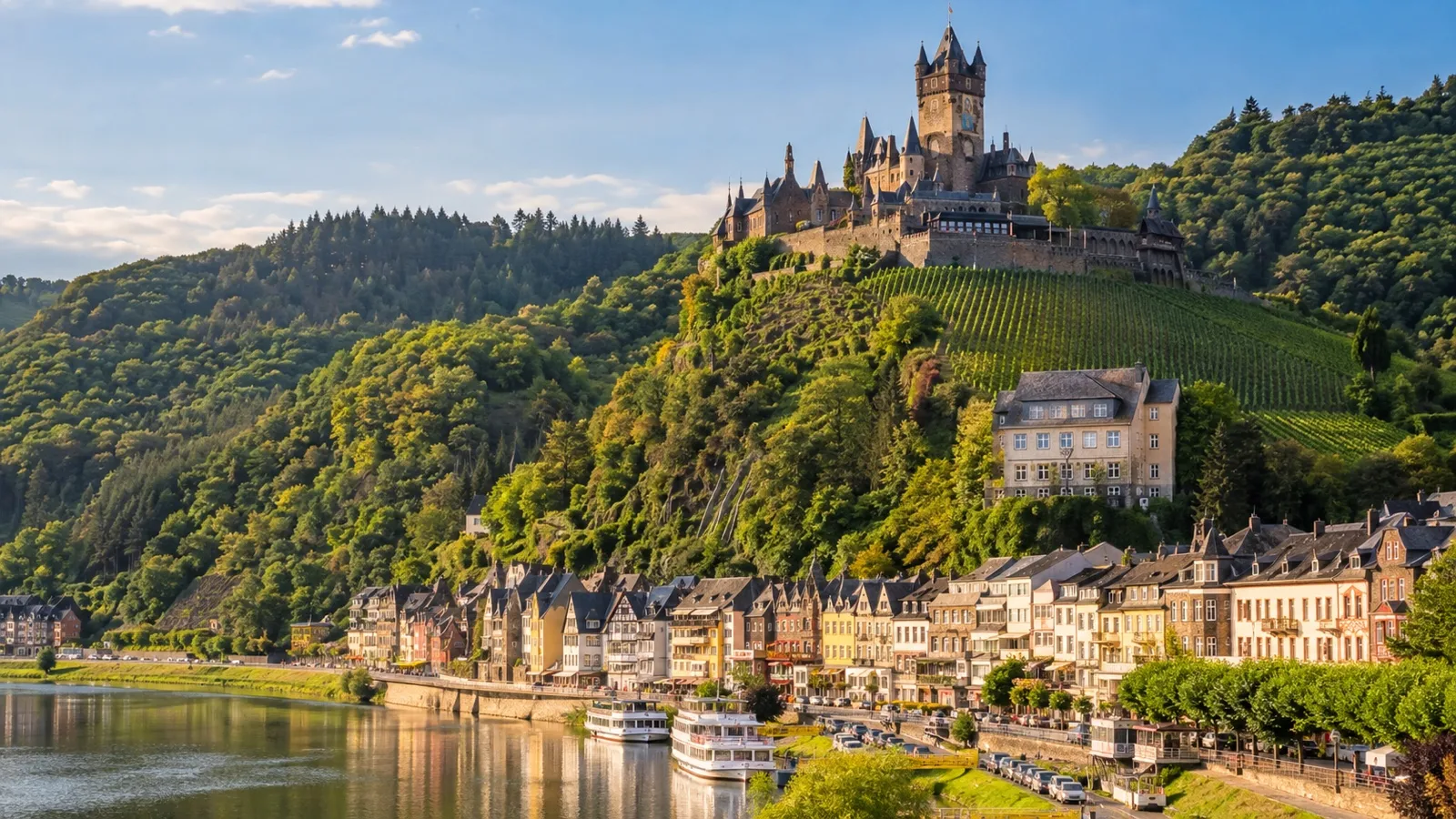 Reichsburg Cochem Castle above terraced Moselle vineyards