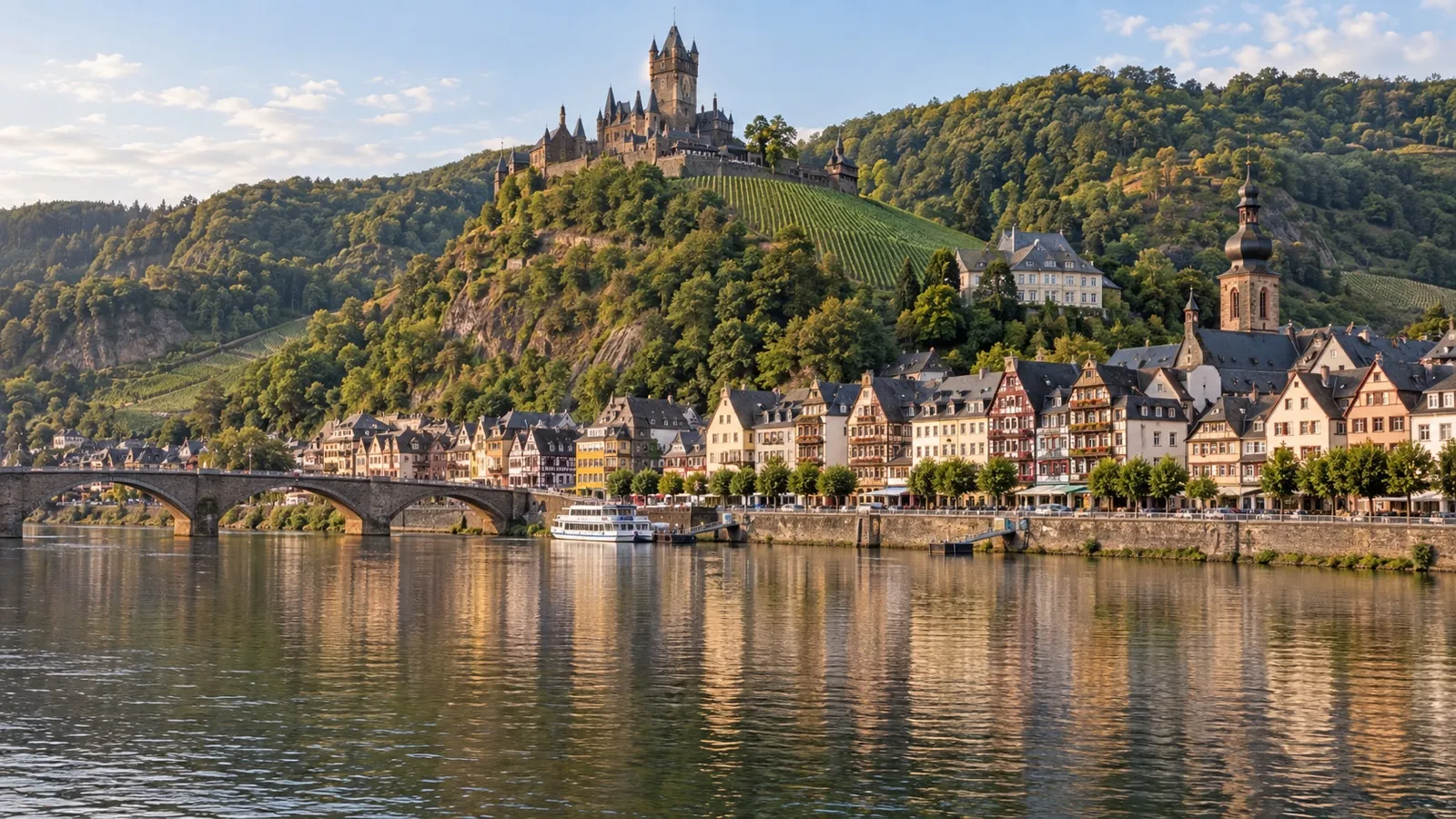 Cochem old town and Reichsburg Castle viewed across the Moselle