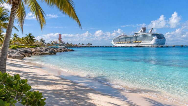 Empty CocoCay beach with palm trees and a large cruise ship at the pier in the Berry Islands, Bahamas