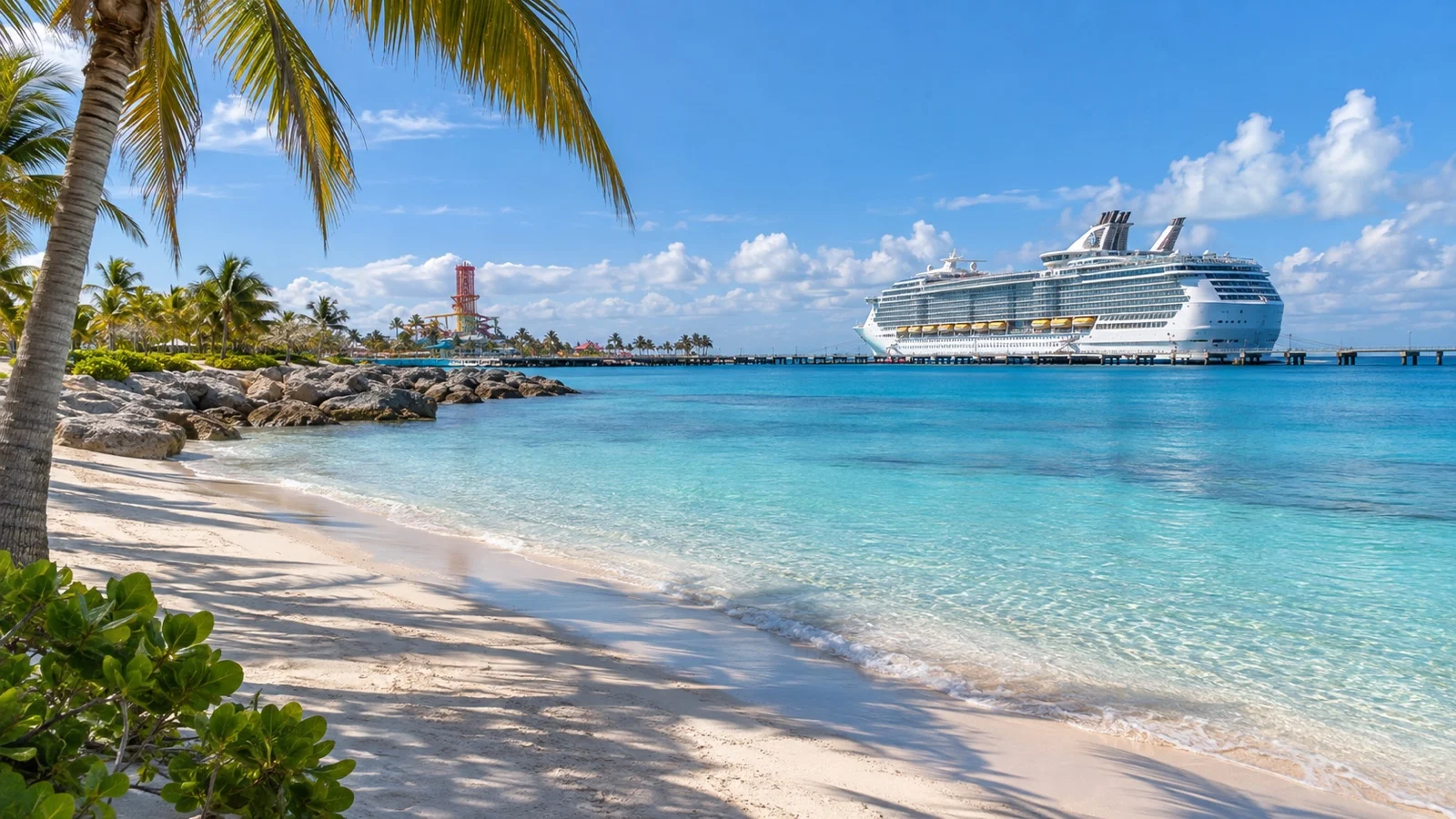 Empty CocoCay beach with palm trees and a large cruise ship at the pier in the Berry Islands, Bahamas
