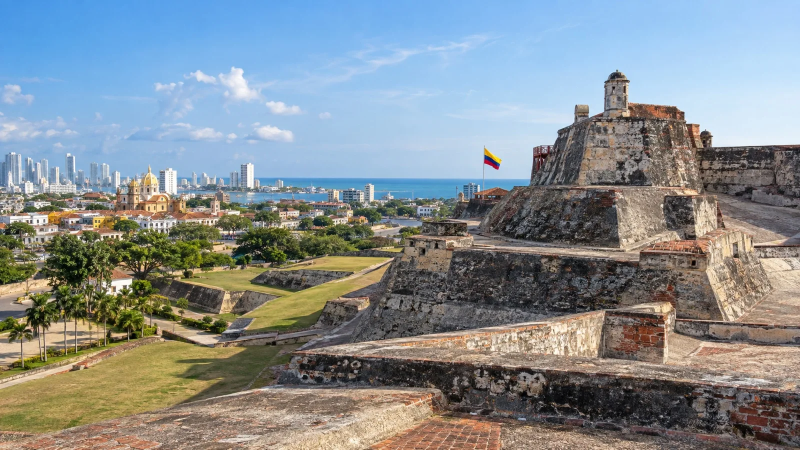 Stone ramparts of Castillo San Felipe de Barajas above Cartagena, Colombia