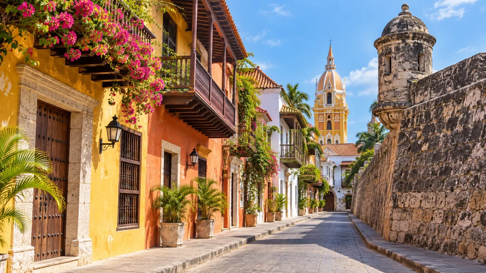 Colorful colonial street and stone walls in Cartagena's historic walled city
