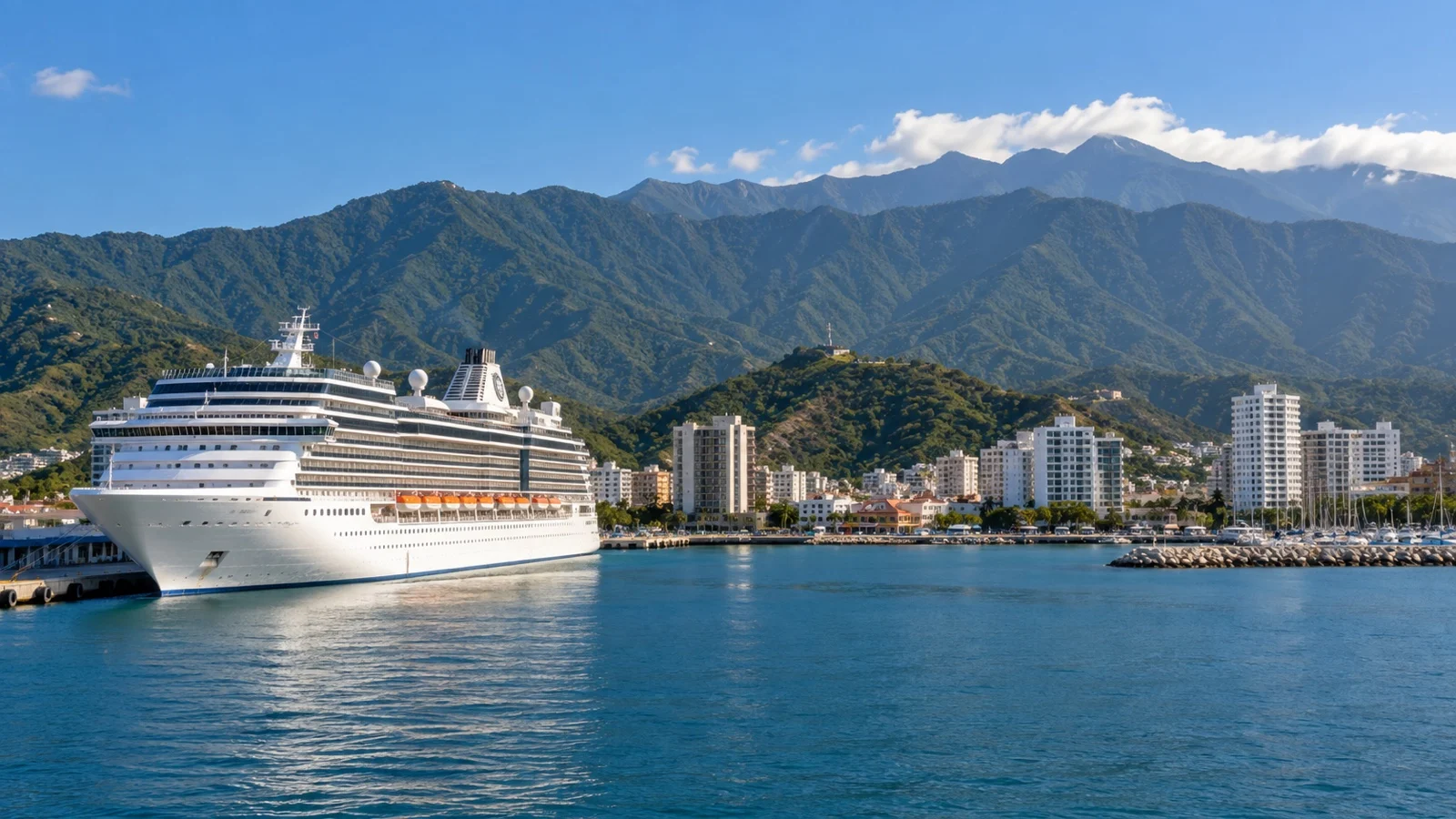 Cruise ship in Santa Marta Bay beneath the Sierra Nevada de Santa Marta foothills