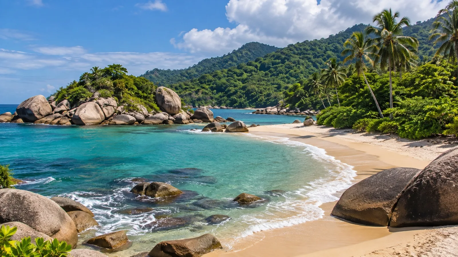 Boulder-framed beach and rainforest coast in Tayrona National Natural Park near Santa Marta