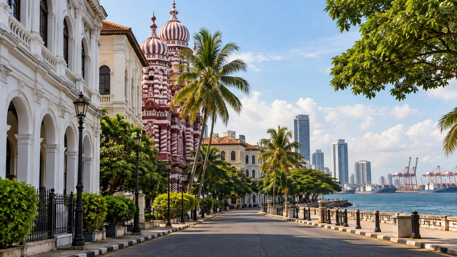Historic buildings along a quiet street in Colombo Fort