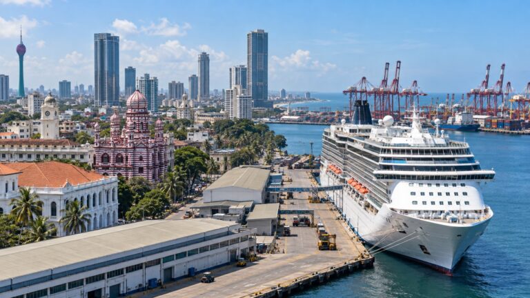 Cruise ship at Colombo working port beside city towers