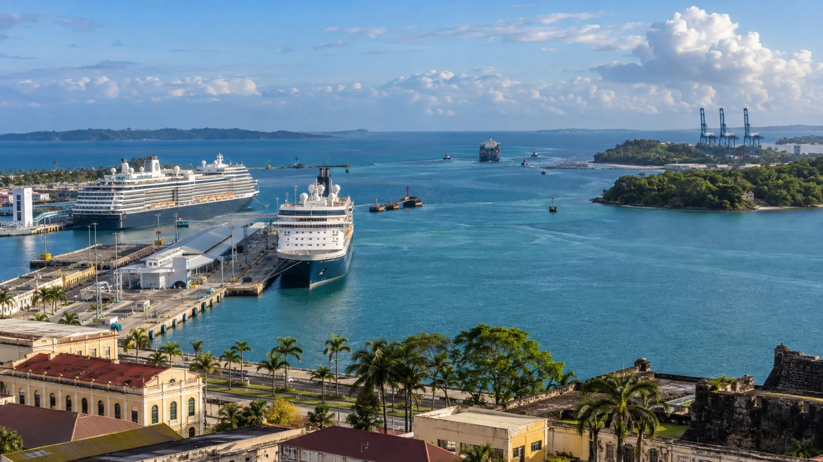 Panoramic Colón harbor, cruise piers and Caribbean entrance to the Panama Canal