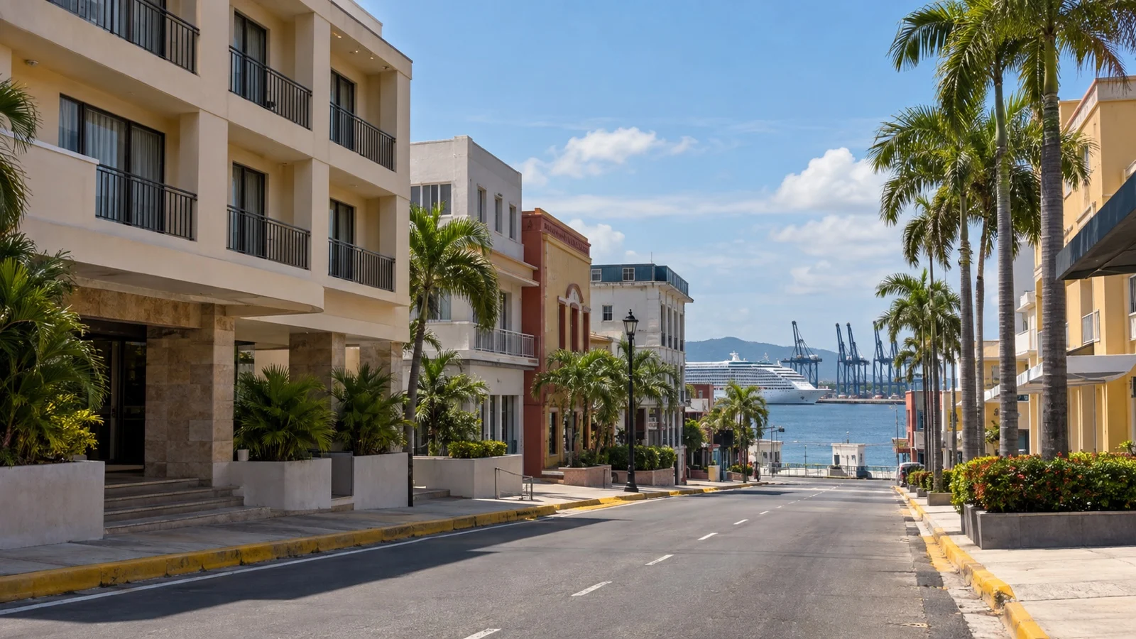 Central Colón Panama street with practical low-rise hotels and Caribbean port architecture