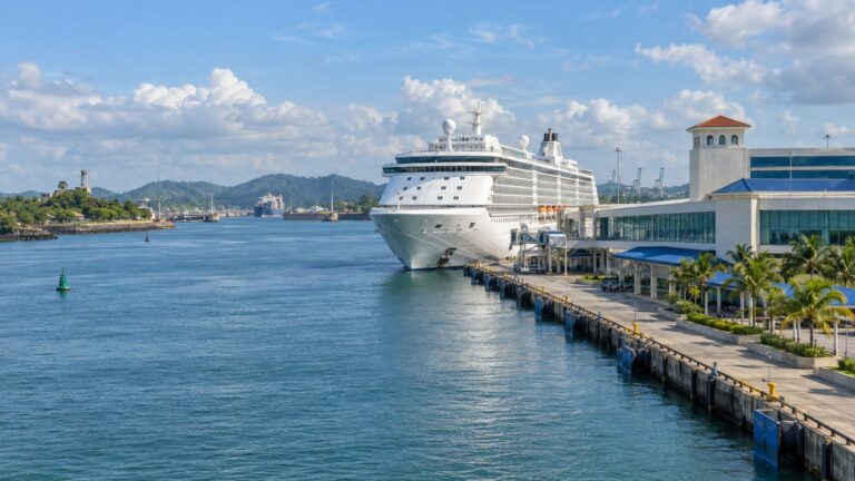Colón 2000 cruise terminal on Panama's Caribbean coast with a white cruise ship docked near the Canal entrance