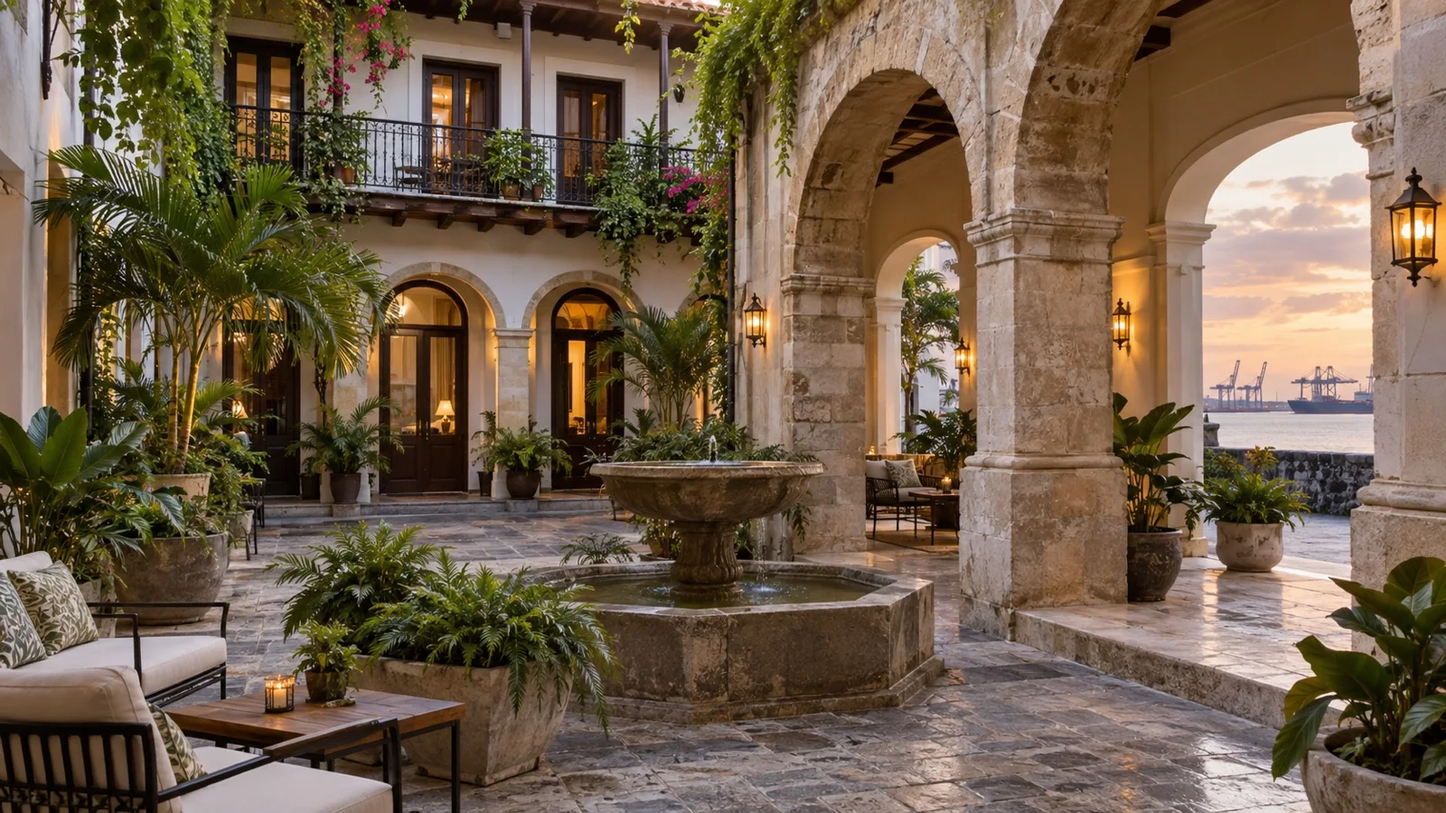 Elegant restored hotel in Panama City's Casco Viejo with colonial courtyard and warm stone architecture