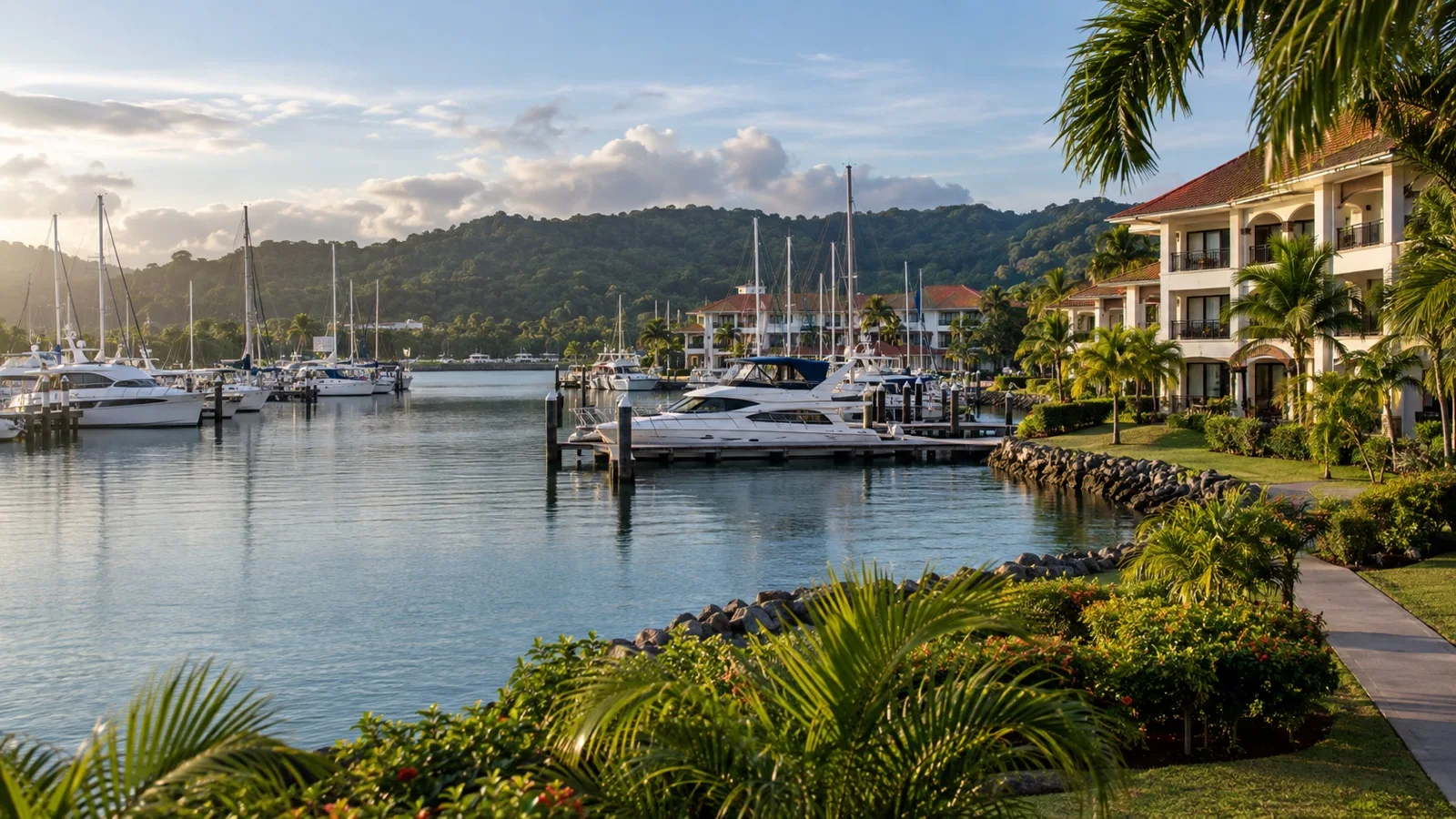 Shelter Bay Marina near Colón with waterfront hotel buildings, yachts and tropical greenery
