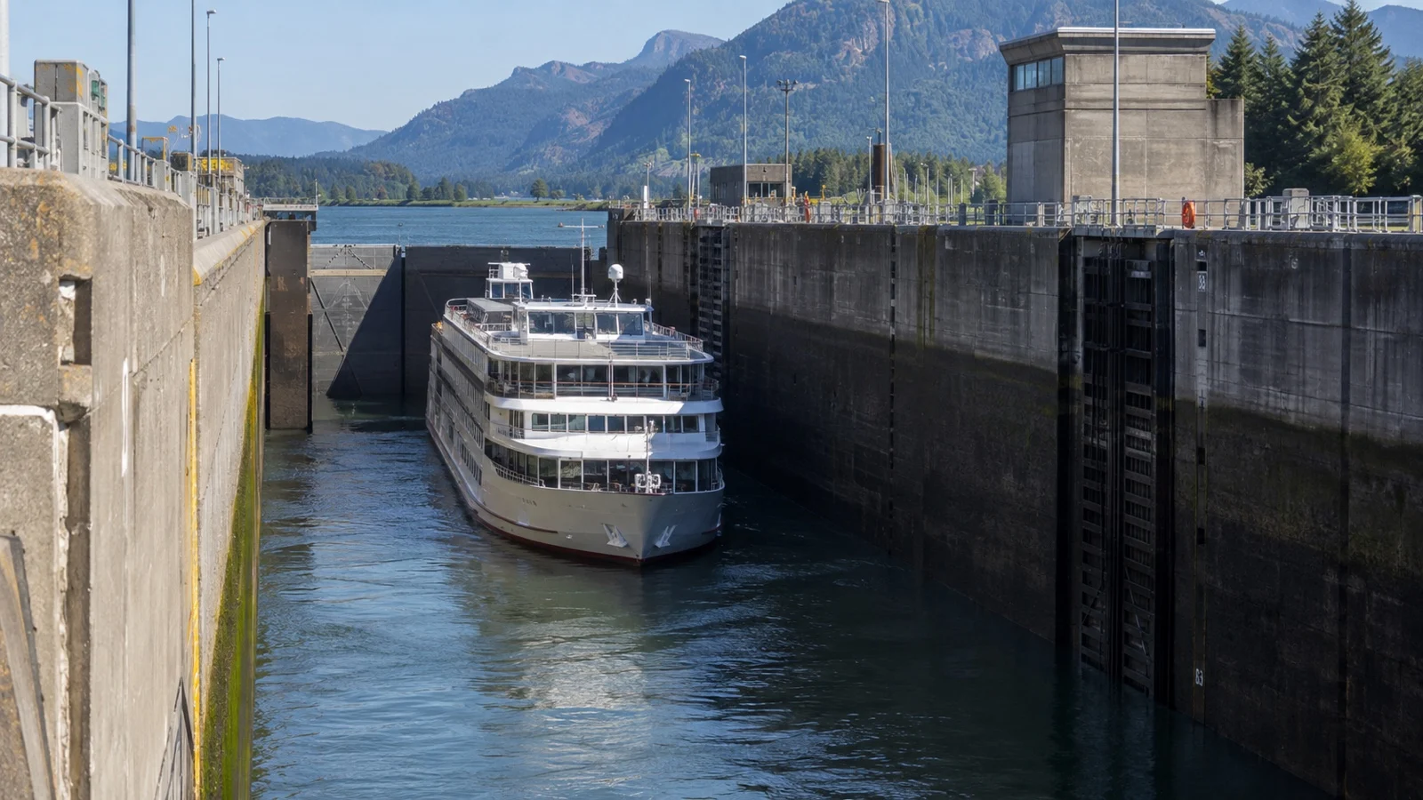 River cruise ship passing Columbia River lock