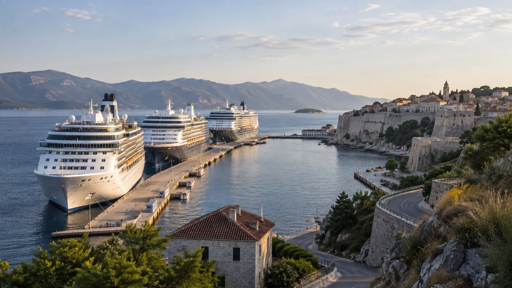 Several cruise ships at a compact port near a narrow coastal road