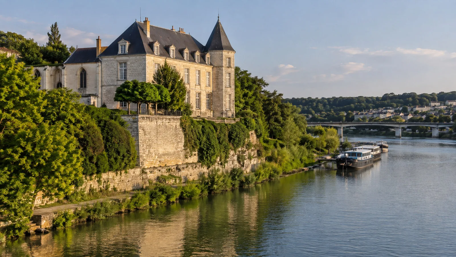 Chateau du Prieure Conflans-Sainte-Honorine historic building housing Inland Navigation Museum above the Seine, no people