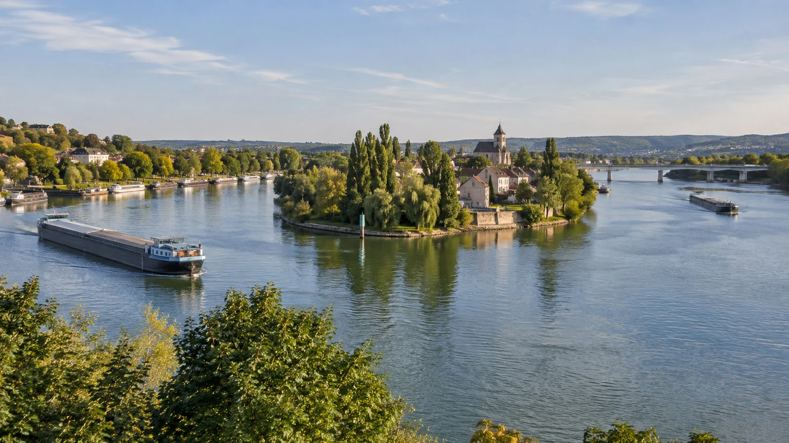 Confluence of Seine and Oise rivers at Conflans-Sainte-Honorine France from elevated viewpoint with barges, no people