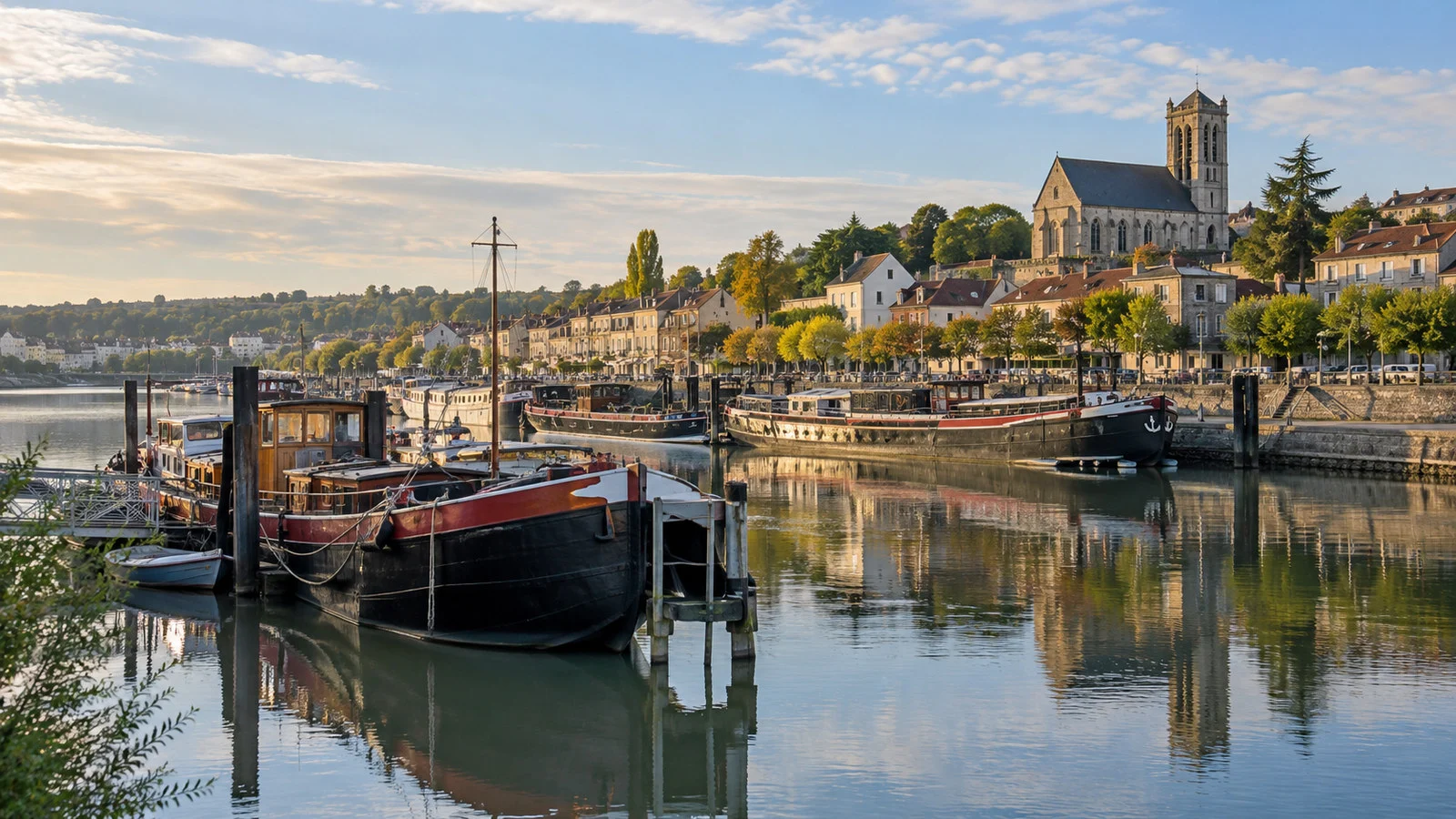 Historic French working barges moored on the Seine at Conflans-Sainte-Honorine with town waterfront, no people