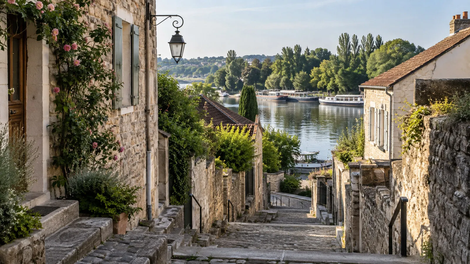 Narrow old-town lane in Conflans-Sainte-Honorine with stone houses and steps toward river, no people