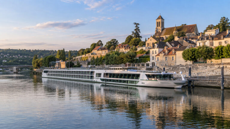 Seine river cruise vessel moored at Conflans-Sainte-Honorine France quay with old town above, no people