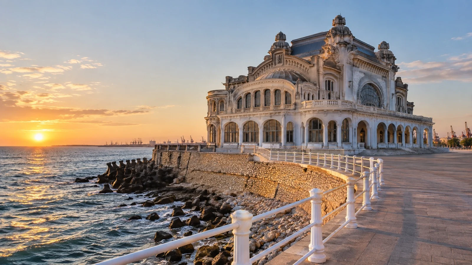 Restored Art Nouveau Constanța Casino beside the Black Sea promenade