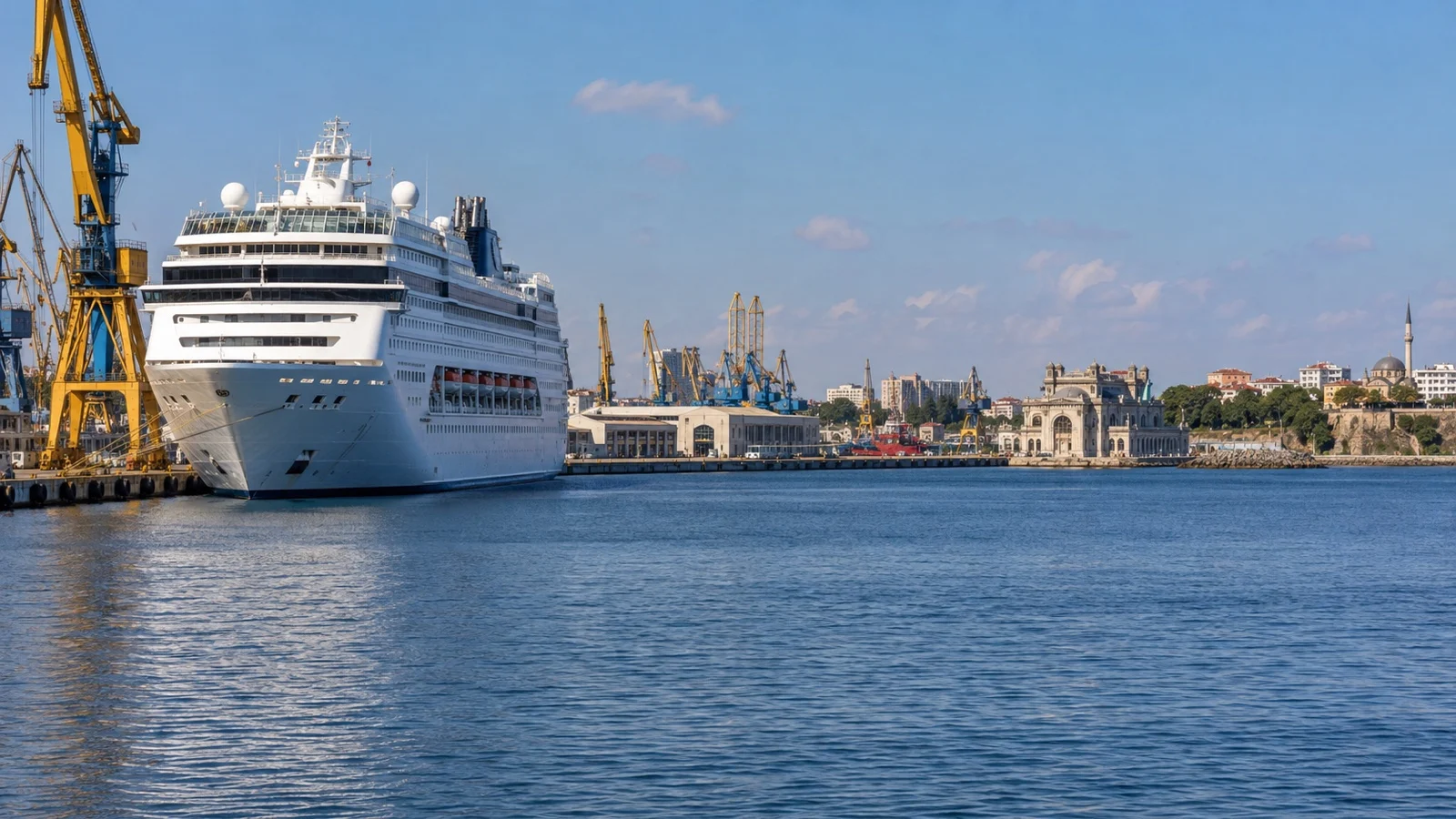 Cruise ship moored in the large working harbor of Constanța on the Black Sea