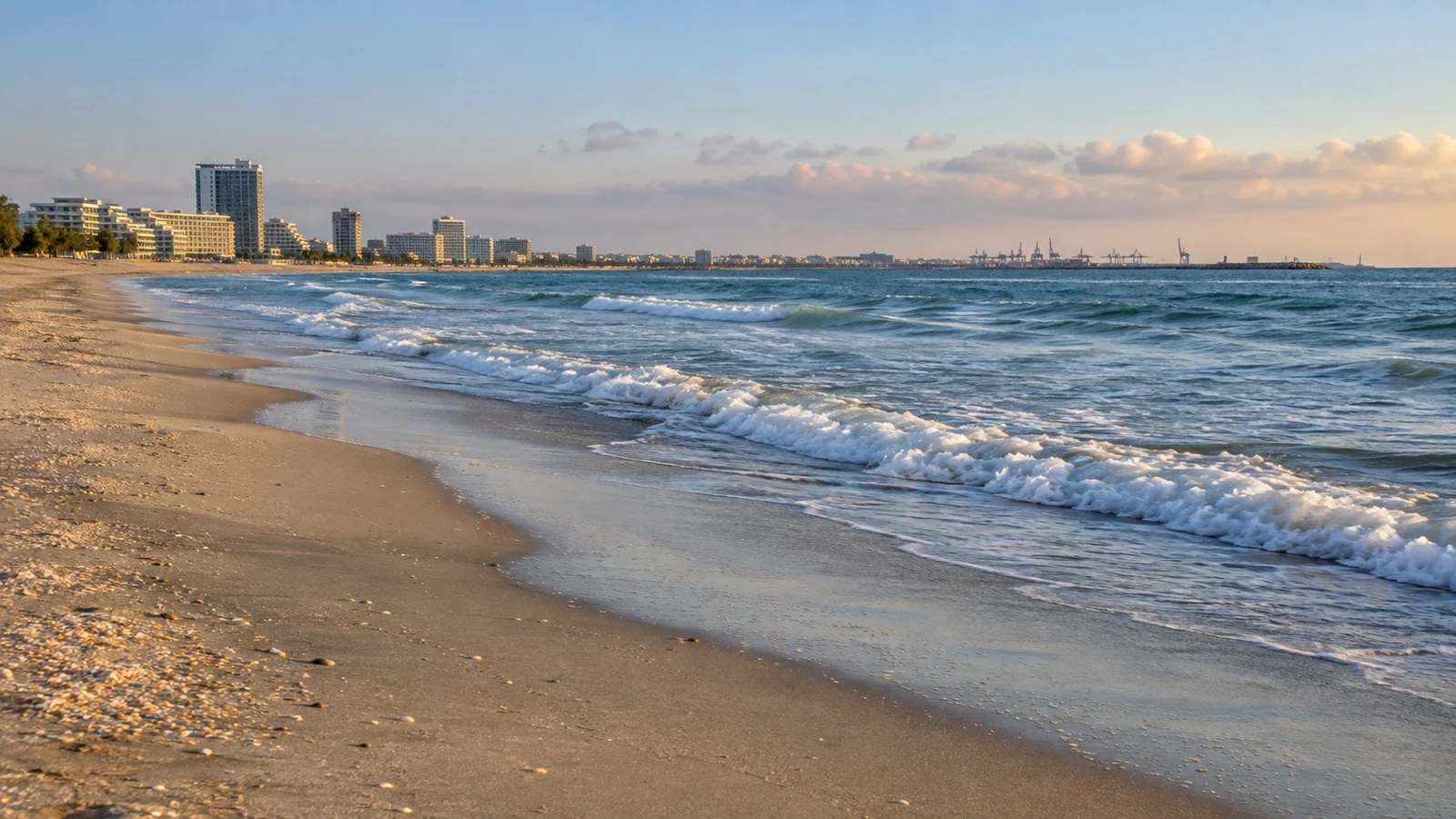 Empty sandy Mamaia Beach with Black Sea waves near Constanța