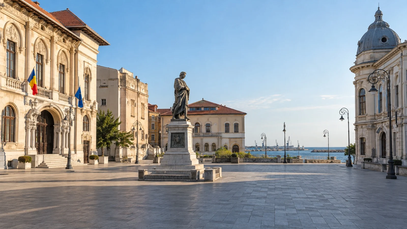 Empty Ovid Square and historic buildings in Constanța old town